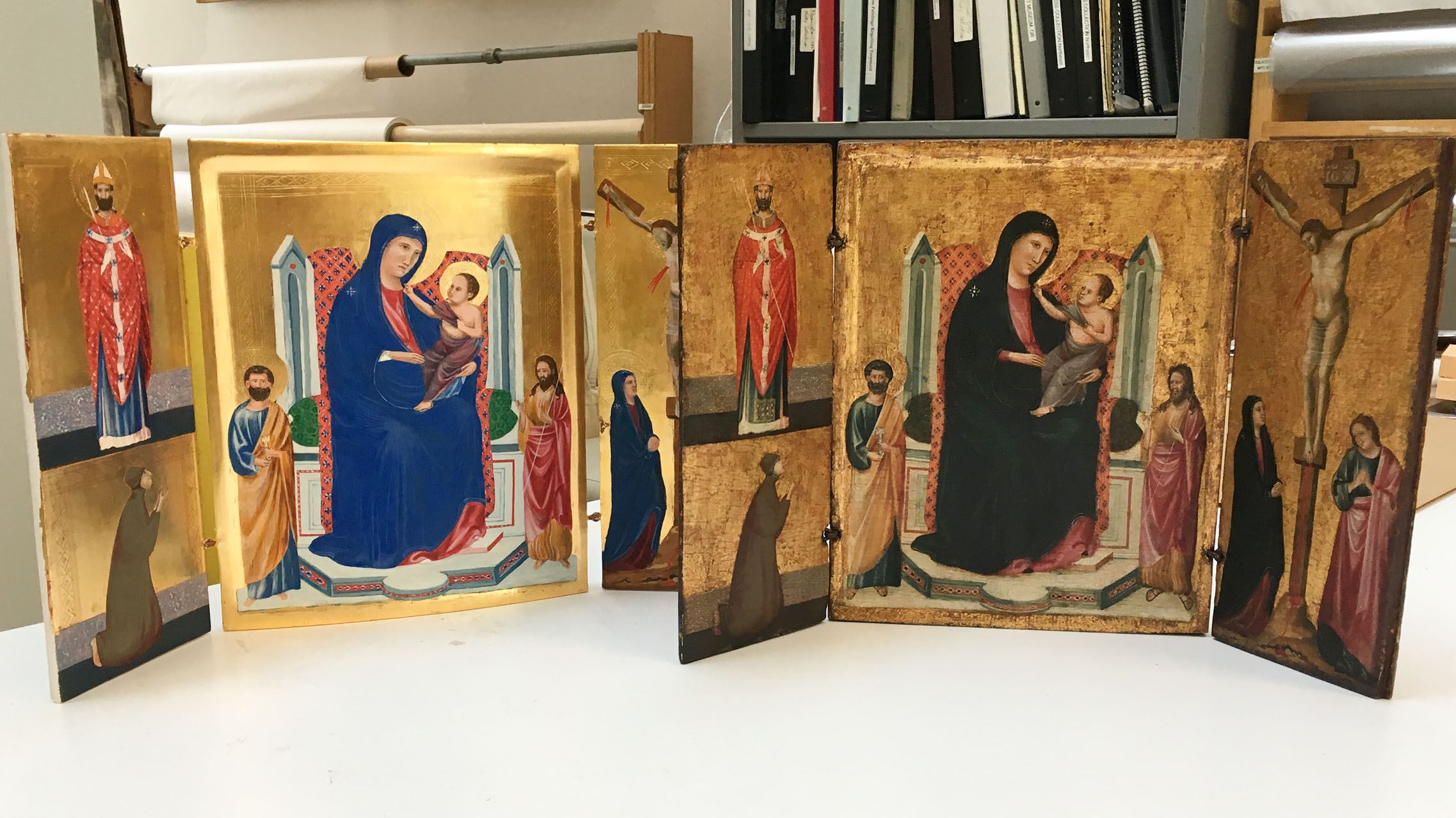 Reconstruction (left) and Madonna and Child with Saints and the Crucifixion (right).