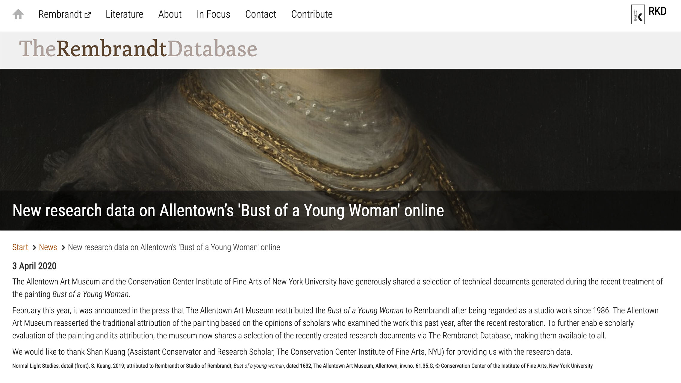 Screenshot of The Rembrandt Database, announcing new research data on Allentown's Rembrandt