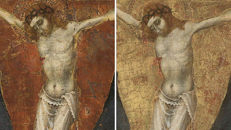 Left: Exposed red bole; Right: After re-gilding and restoration.