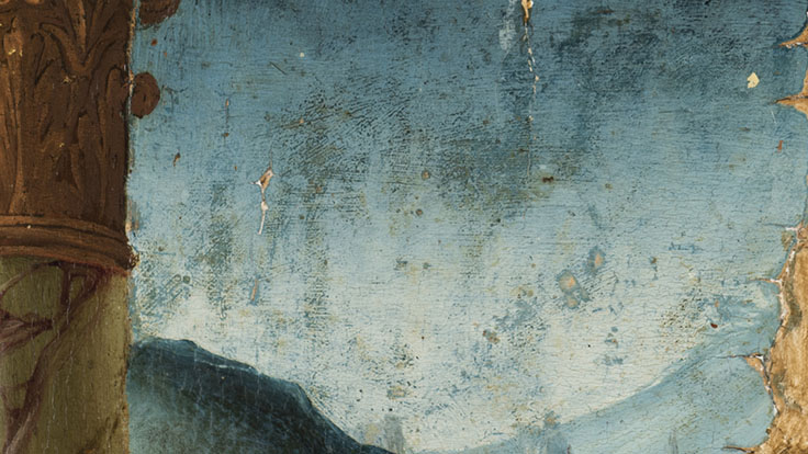 Cleaned state detail showing abraded scumble layer in the sky, revealing the darker blue underlayer.
