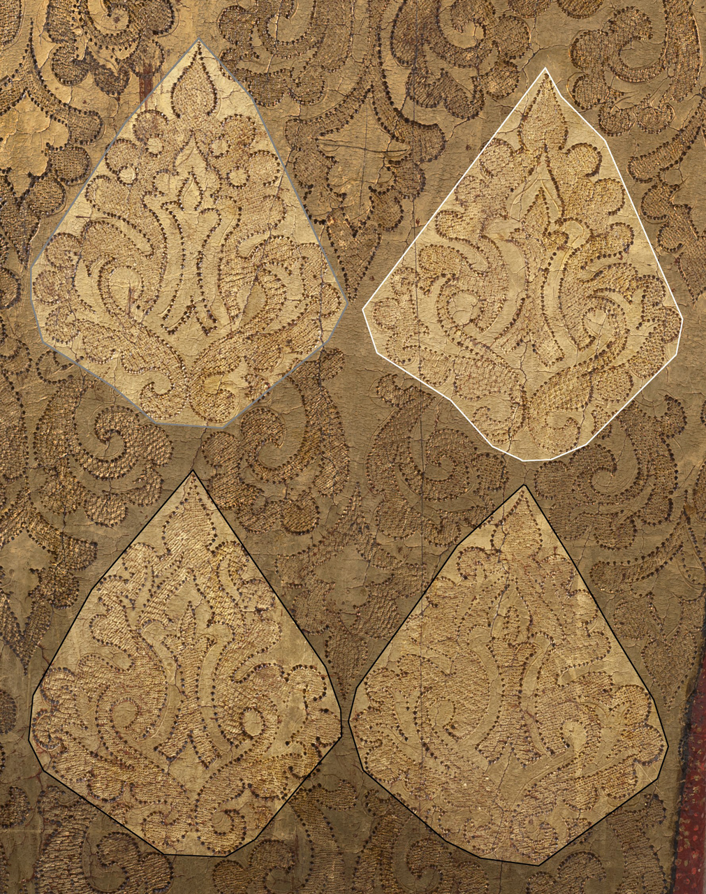 Figure 2: Photoshop-manipulated detail showing variations to brocade pattern. The grey-outlined shape has additional decorative ovals, the black-outlined shapes have additional decorative leaves, the white-outlined shape has no additional decorative elements.