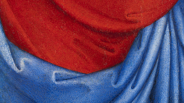 Detail of red lake and ultramarine glazes applied as final layers to achive intensity and volume within the drapery.