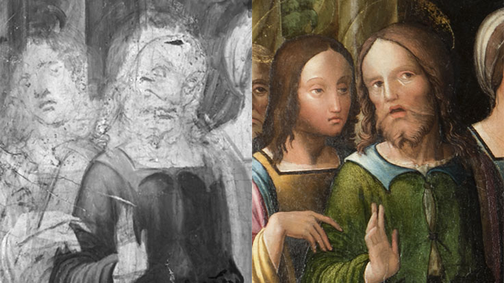 Detail of an infrared reflectogram (left), showing the pentimenti in the poses of both figures.