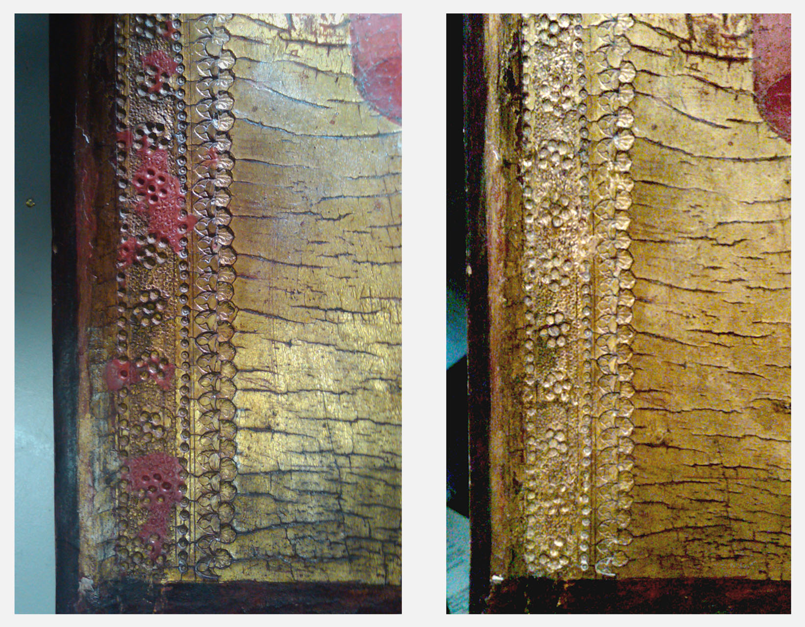 Left: Left edge after creating red wax fills. Right: Left edge after gilding new fills.