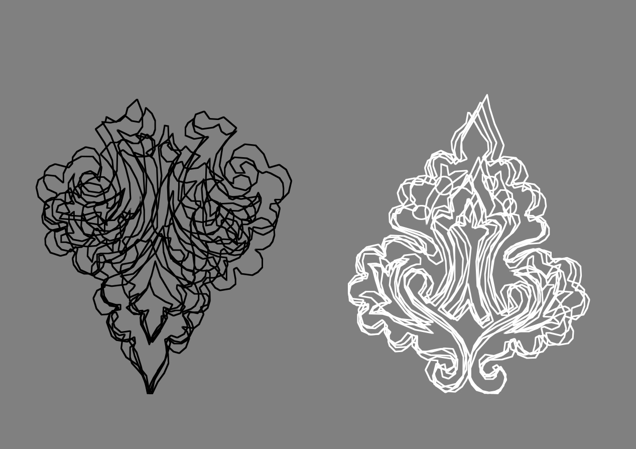 Figure 3: Tracings of four downward-running floral ornaments and four upward-running floral ornaments superimposed to illustrate the fluctuation of their perimeters.