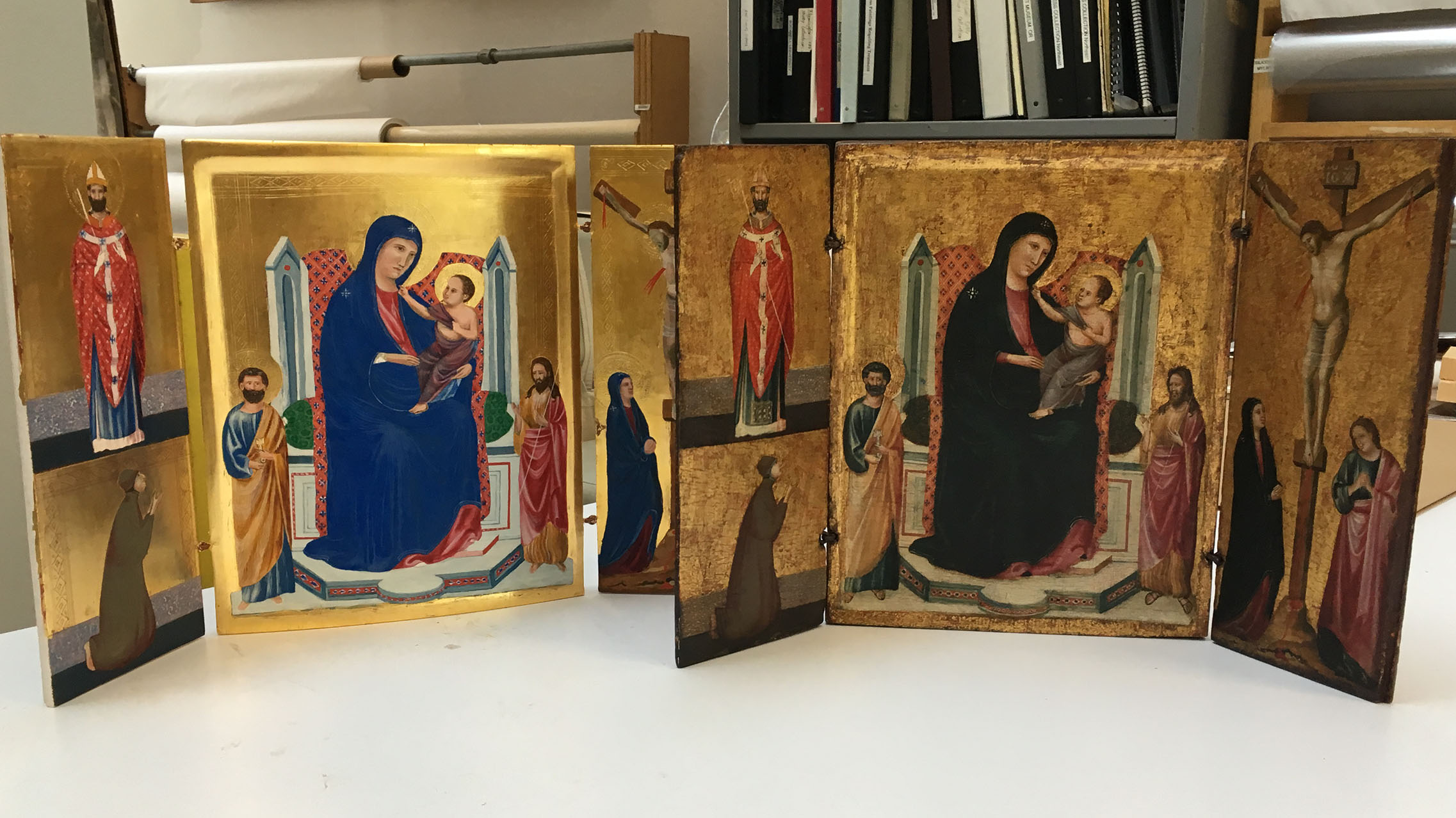 Reconstruction (left) of the Madonna and Child with Saints and the Crucifixion (right)
