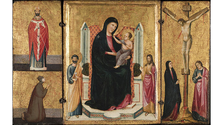 Follower of Duccio di Buoninsegna, Madonna and Child with Saints and the Crucifixion (Triptych), ca. 1300-25, Memphis Brooks Museum of Art, K1289