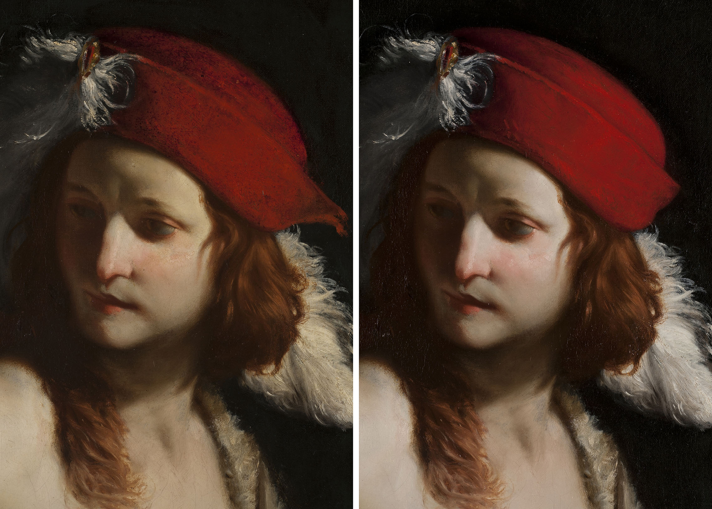 Guido Cagnacci, David Holding Goliath's Head, 1650, Columbia Museum of Art, K2092.  Detail of hat before (left) and after treatment (right).