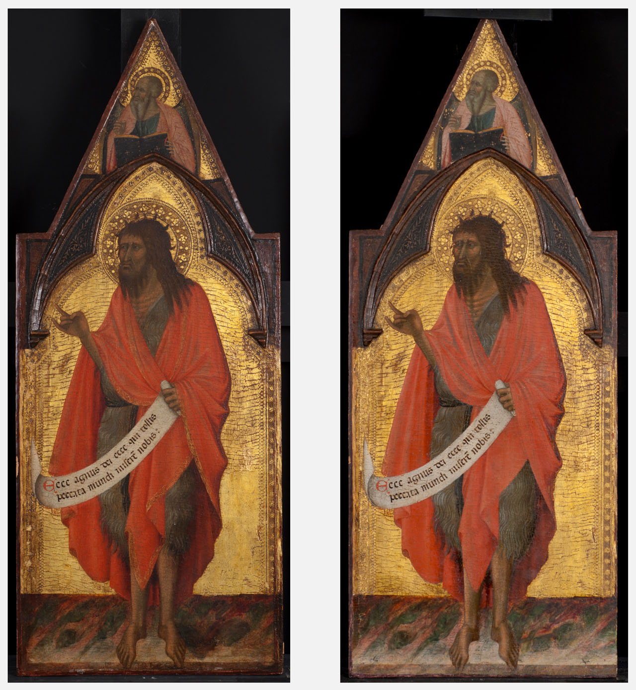 Left: Saint John the Baptist, follower of Pietro Lorenzetti, possibly Tegliacci, dated to before 1362, K1237, before treatment. Right: Saint John the Baptist, after treatment