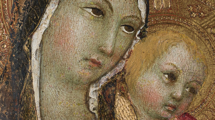 Detail of hatch brushwork characteristic of egg tempera painting.