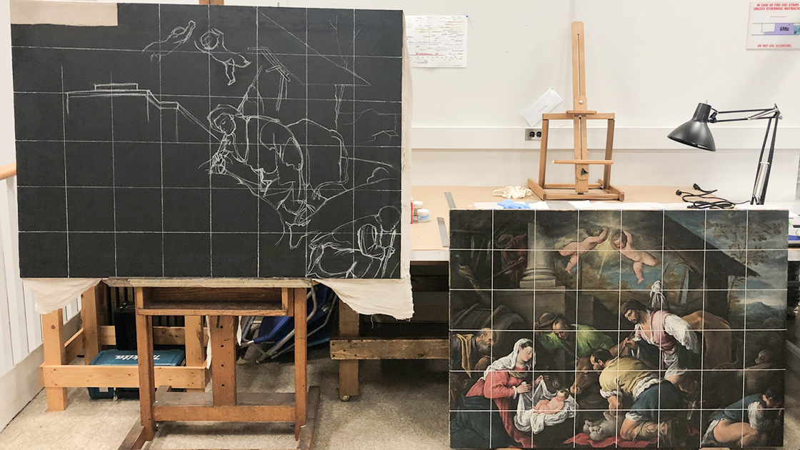 Student reconstruction of a portable triptych, along with the original artwork, with various artist materials 