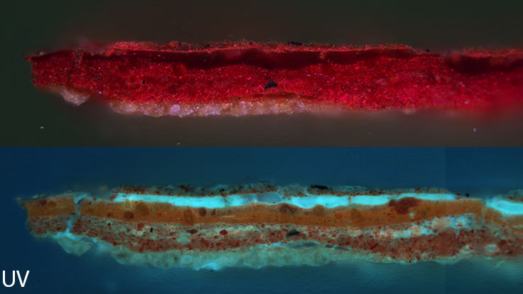 Cross section sample in normal light (top) and ultraviolet light (bottom) taken from a red drapery.